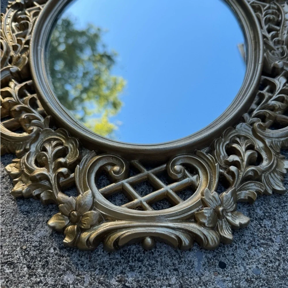 Mid-Century Hollywood Regency Gold Ornate Mirror Wood Floral Velvet Back 18x14”